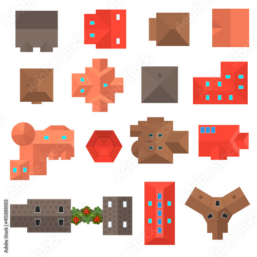 Cartoon Color Building Roof Top View Icon Set. Vector