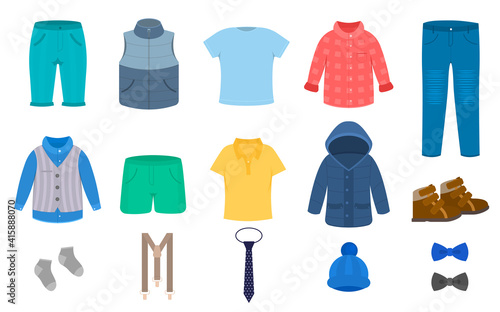 Cartoon Color Clothes Boys Icon Set. Vector