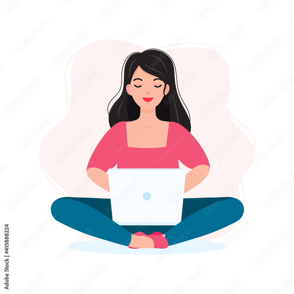 Cute young girl sitting and working on a laptop. Freelancing, studying, working from home concept. Flat vector illustration. Cute young girl sitting and working on a laptop. Freelancing, studying, working from home concept. Flat vector illustration.