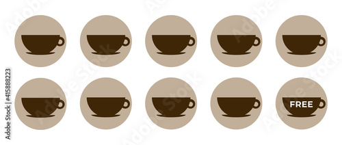 Coffee loyalty card template. Buy 9 cups and get 1 for free. Take away coffee cups icons for cafe