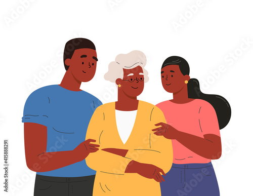 Happy adult children hugging old mother feeling love to each other. Portrait of young people hugging their grandma. Friendly family relationship. Cartoon vector flat illustration on white background. 