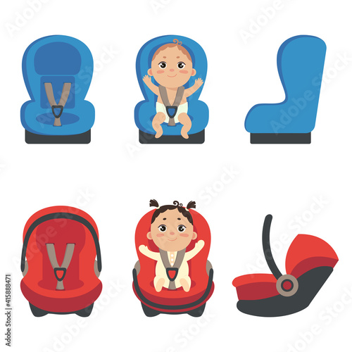 Baby girl and boy sitting in automobile seat. Set of car chair for baby from different angles. Side and front view of carseat. Vector illustration on white background. 