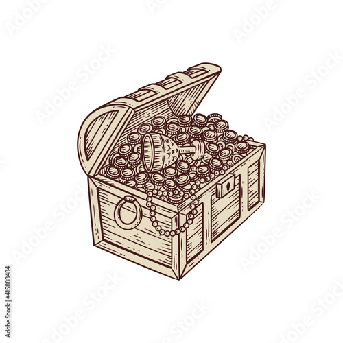 Pirate treasure chest with gold coins, jewelry and chalice