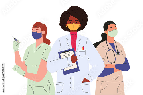 Doctors and nurses characters in medical face mask. Medical team, professional hospital workers, group of medics. Set of people in medical clothes. Flat illustration isolated on white background. 