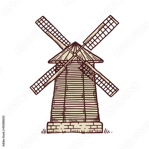 Windmill icon, wooden building of old rural wind mill in vector sketch style