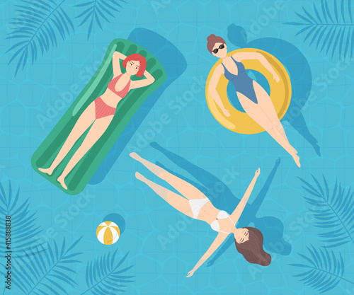 Cartoon Color Characters Women Swimming in Pool Concept. Vector