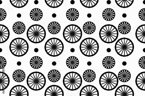 seamless pattern with abstract elements, wheels, circles, ornaments, black and white, stylized, vector graphics