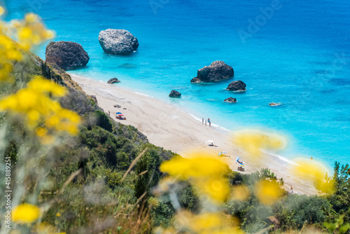 Fototapeta Naklejka Na Ścianę i Meble -  Landscape with Megali Petra, wild beach on the Lefkada island, Ionian sea, Greece