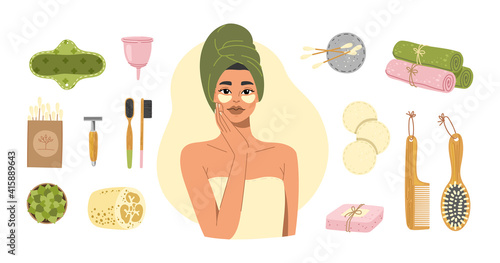 Zero waste bathroom set. Woman with shower towel, patches and eco friendly products and tools. Personal hygiene. Flat vector cartoon isolated illustration.