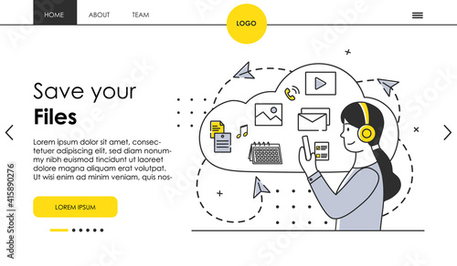 Female character stores her files in cloud storage. Woman downloading and uploading files from digital cloud. Website, web page, landing page template. Flat cartoon vector illustration