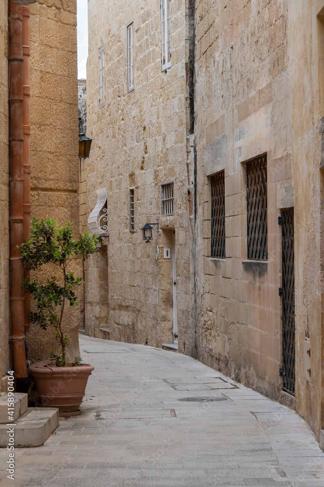 Europe, Malta, Mdina. Typical historic narrow street lined with limestone buildings.