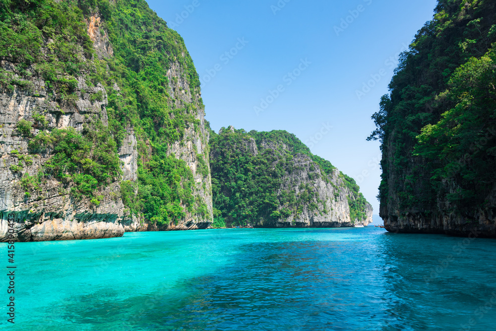 Limestone rocks, clear turquoise water, Pileh Lagoon, Thailand.