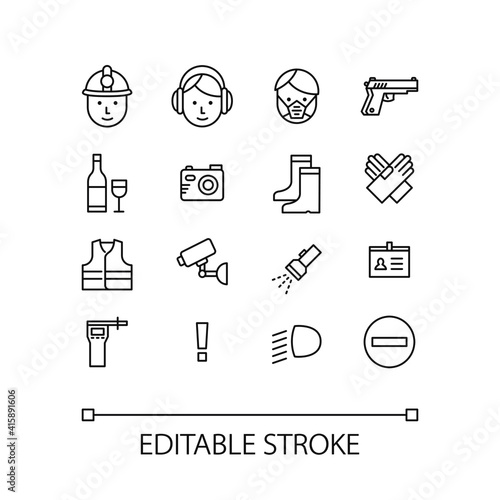 Industrial road safety vector outline icon set. Simple linear style line icons for mobile concept and web with editable stroke. Security prohibited items. Safety gear clothing symbol logo illustration