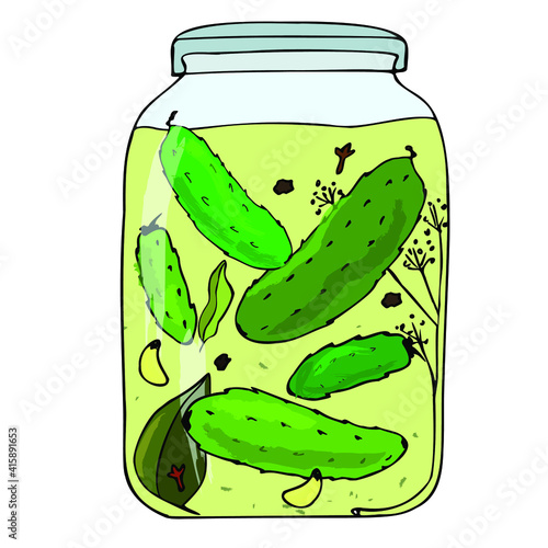 Jar with pickled cucumbers, garlic, spices, pickles for the winter, delicious homemade food. Color illustration for shops, brand of vegetable products, menu. Vector image on a white, isolated.