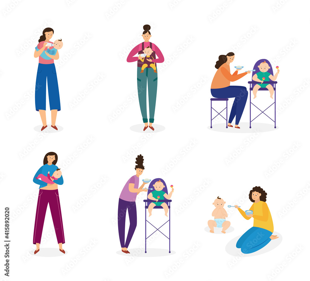 Set of young mothers feeding their babies flat vector illustration isolated.