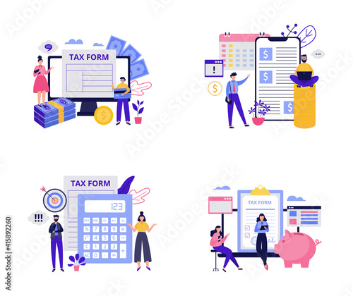 Set concepts for tax consultant service flat vector illustration isolated.
