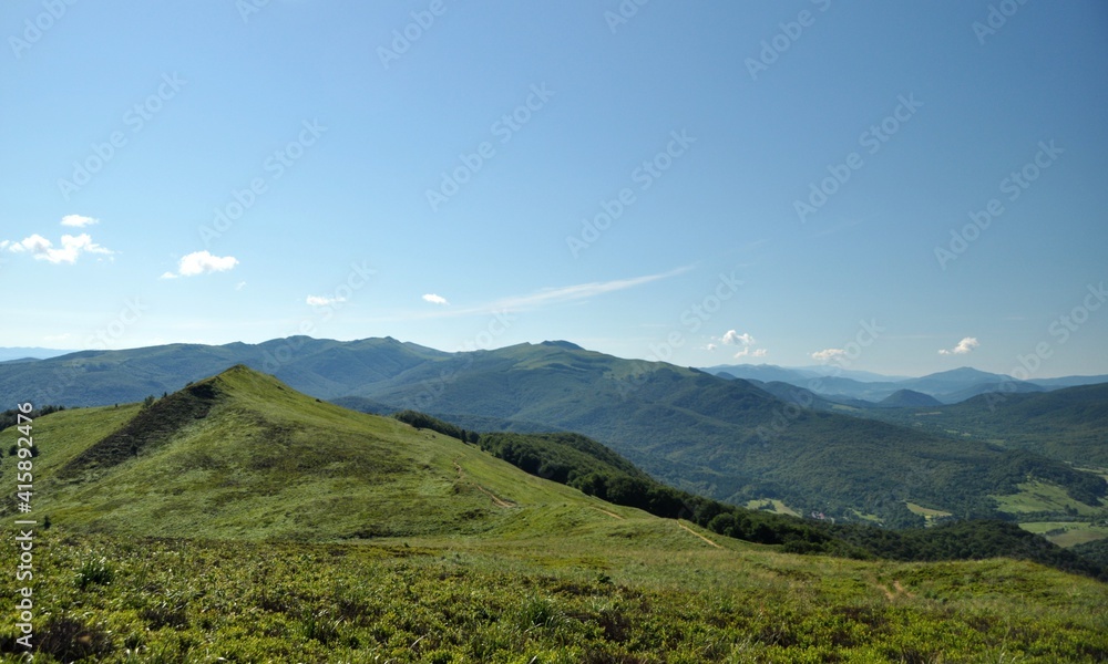 green mountain peaks, mountain landscape, blue sky, summer