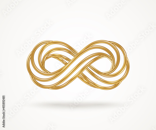 Infinity gold symbol isolated on white background. Vector illustration. Endless sign, 3d golden loop, 8 icon logo creative concept design template. Many connected metallic wires.