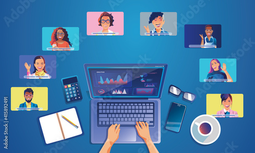 Virtual event People use Video conference landing Working Businessman on window screen taking with colleagues. Videoconferencing and online meeting workspace page, man and woman learning Vector, Flat