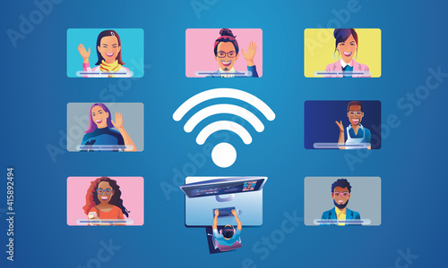 Virtual event People use Video conference landing Working Businessman on window screen taking with colleagues. Videoconferencing and online meeting workspace page, man and woman learning Vector, Flat