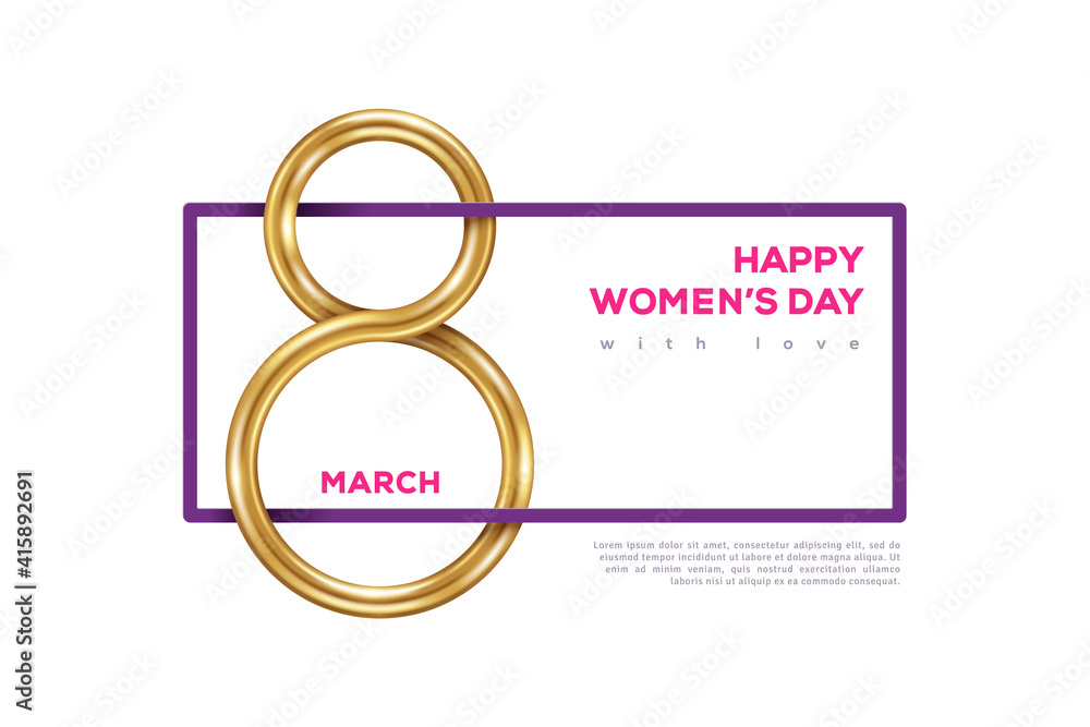 March 8 symbol with frame and place for text, glittering golden eight on white background. International Women's day poster. Vector illustration for greeting card, flyer, voucher or brochure template March 8 symbol with frame and place for text, glittering golden eight on white background. International Women's day poster. Vector illustration for greeting card, flyer, voucher or brochure template