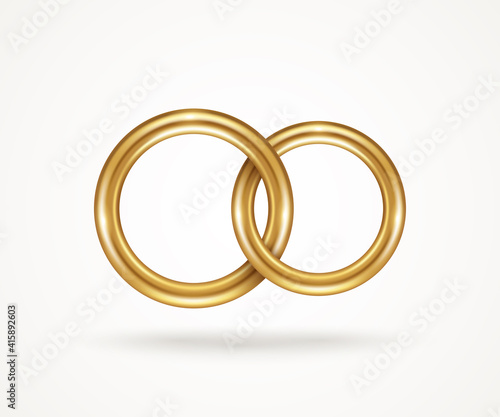 Two connected gold engagement rings isolated on white background. Vector illustration. Golden jewelry for married couple, wedding symbol for save the date invitation card. Endless love icon