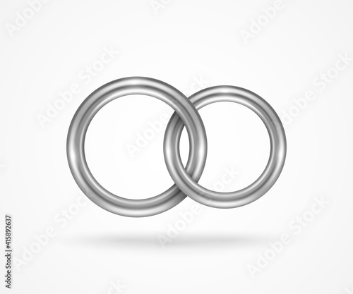 Two connected silver engagement rings isolated on white background. Vector illustration. Palladium or titanium jewelry icon for married couple, wedding symbol for save the date invitation card.