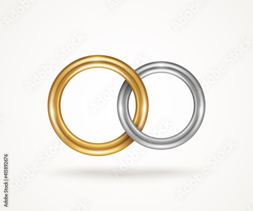 Two connected engagement rings isolated on white background. Vector illustration. Silver or titanium and gold jewelry icon for married couple, wedding symbol for save the date invitation card.