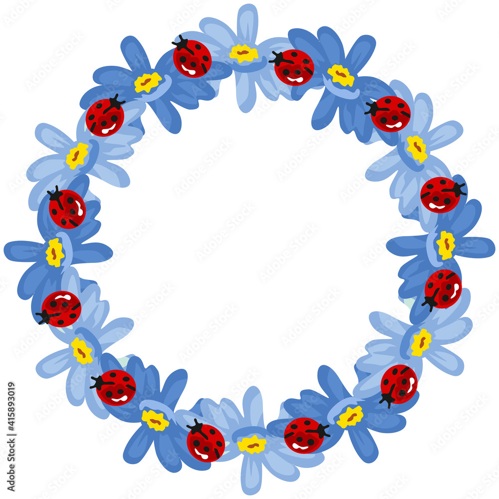 Empty round frame with blue flowers and ladybirds
Empty round frame with blue flowers and ladybirds