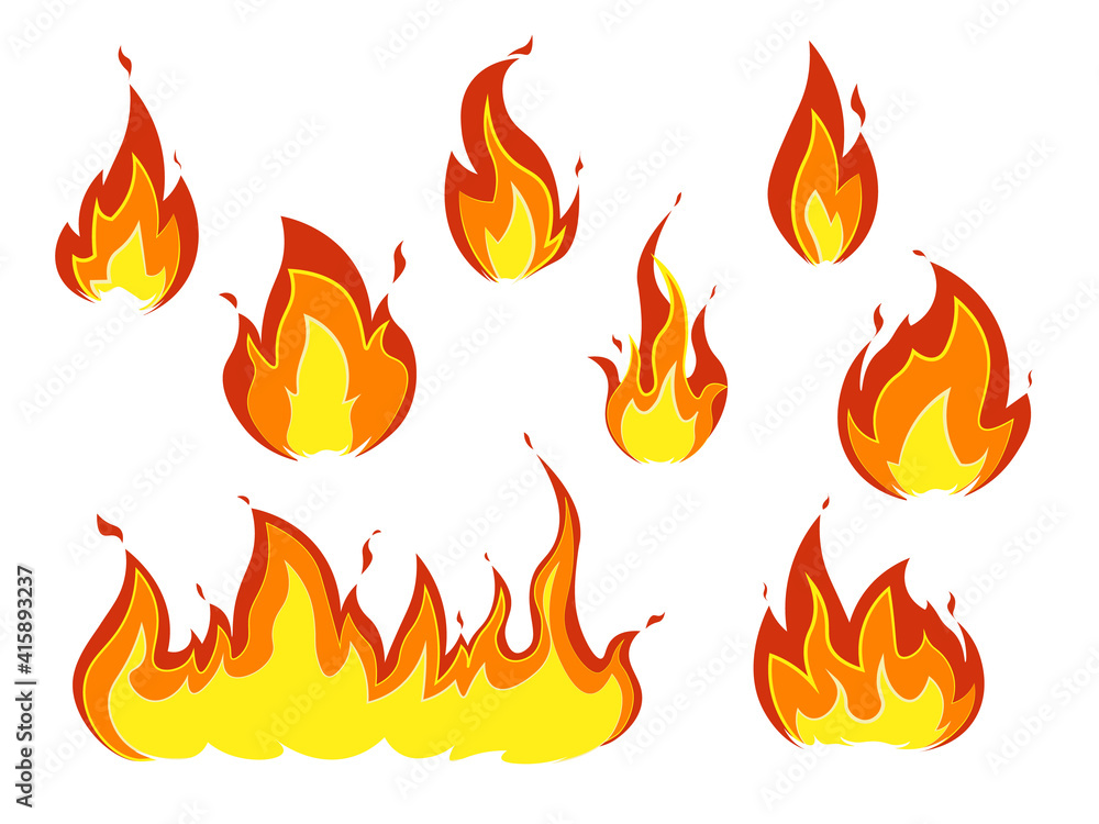 Set of red and orange fire flame. Fire on a white background. Set of red and orange fire flame. Fire on a white background.