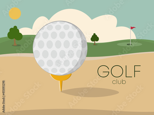 Golf tournament with green golf field. Putter golf club and ball lying on field lawn near flag in hole.