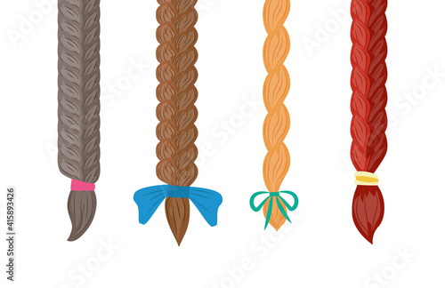 Set of fashion female long braids hair with ribbons a vector illustrations.