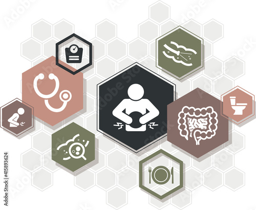 intestinal disease vector illustration. Concept with connected icons related to irritable bowel disease, inflammatory bowel syndrome, colitis ulcerosa or stomach pain.