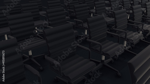 3d rendered illustration of Multiple Desk Chairs in a row isolated in Dark Background. High quality 3d illustration