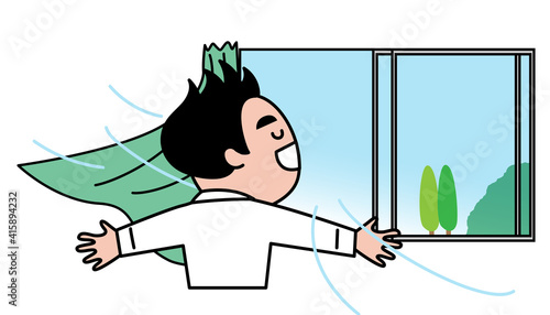 男性　換気　会社員　朝　独身　イラスト素材