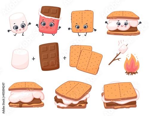 Scheme of smore sweet dessert preparing, cartoon vector illustration isolated.