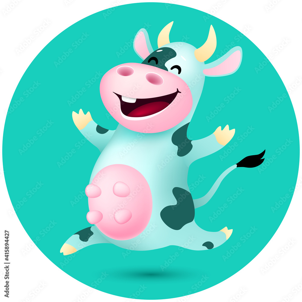 Fototapeta premium funny cartoon cow with dark spotted . cute emotional animal jumping on blue background. vector illustration