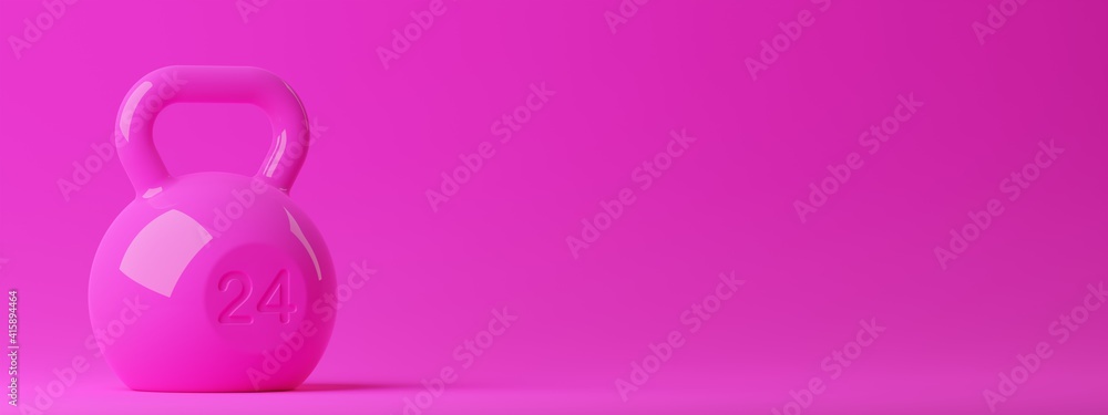 Obraz premium Single pink fitness gym kettlebell on pink background, muscle exercise, bodybuilding or woman's fitness concept