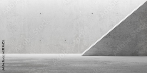 Fototapeta Naklejka Na Ścianę i Meble -  Abstract empty, modern concrete room with indirect lighting from top and diagonal wall - industrial interior background template
