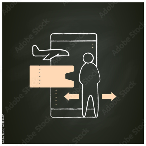 Contactless ticket chalk icon. Forced distance in queue due to pandemic. Limit queuing spaces. Online tickets reservation. Airport new normal concept. Isolated vector illustration on chalkboard
