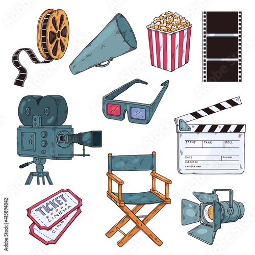 Movie and cinema items set of hand drawn sketch vector illustration isolated.