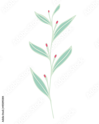 drawing of a spring branch with leaves and berries, buds, stylized vector graphics, ornamental plant branch