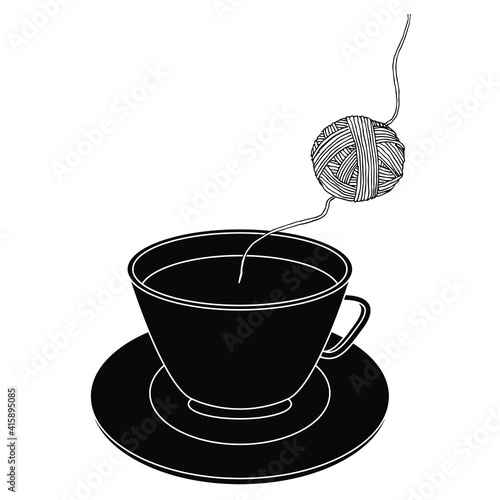 Thread leading from yarn ball to cup of tea or coffee. Creative funny beverage concept. Black and white silhouette.