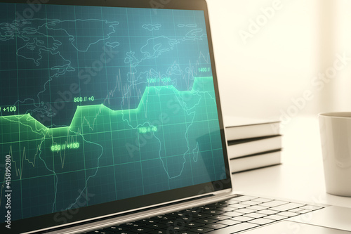 Stats data illustration on modern laptop monitor, computing and analytics concept. 3D Rendering © Pixels Hunter
