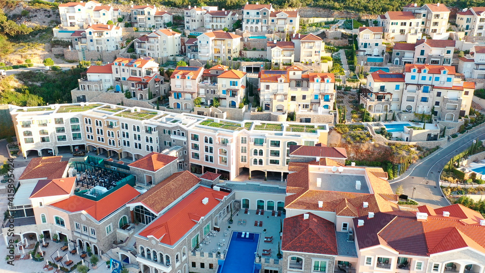 Aerial view of architecture in Lustica Bay marina in Montenegro