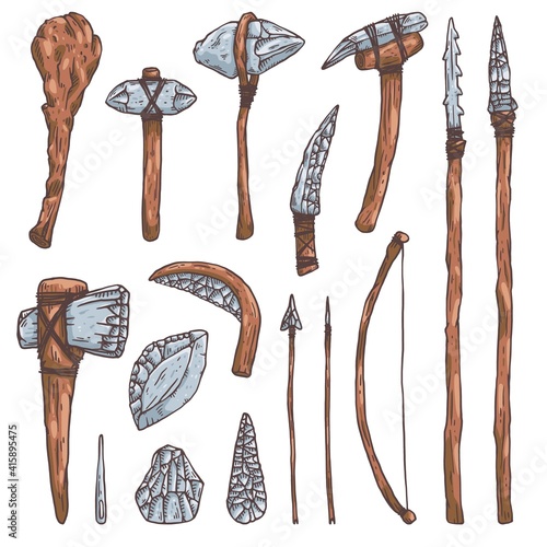 Stone tools and weapons of prehistoric man, sketch vector illustration isolated.