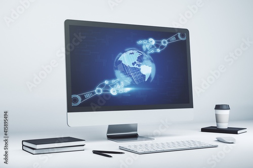 Modern computer monitor with robotics technology with world map hologram. Research and development software concept. 3D Rendering