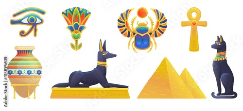 Ancient Egyptian and culture symbols set, flat vector illustration isolated.