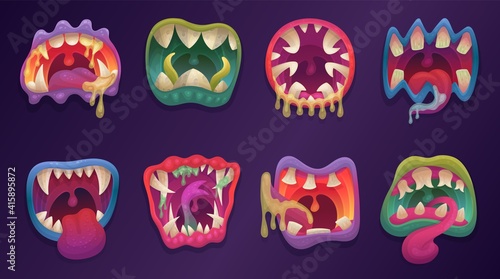 Monsters mouths with crooked teeth cartoon vector illustration isolated.