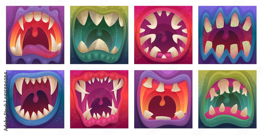 Set monsters mouths with sharp teeth, cartoon vector illustration isolated.